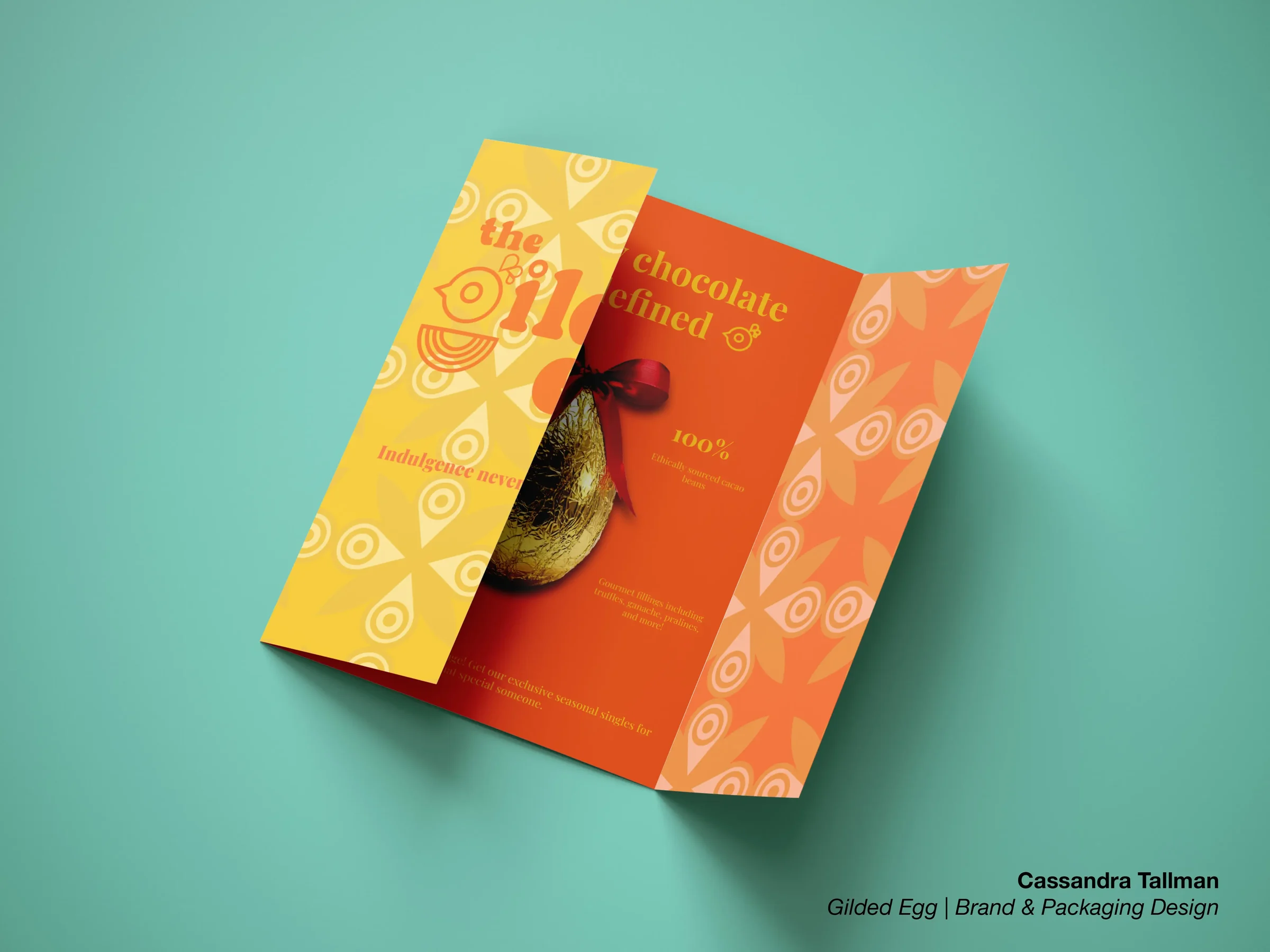 The Gilded Egg labelled folded brochure presentation by Cassandra Tallman.